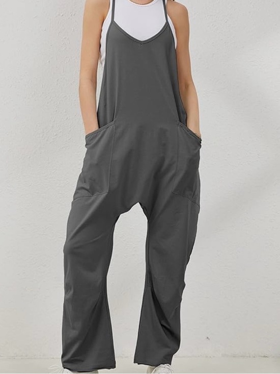 Pants - Casual Gray Scoop-Neck Jumpsuit with Pockets